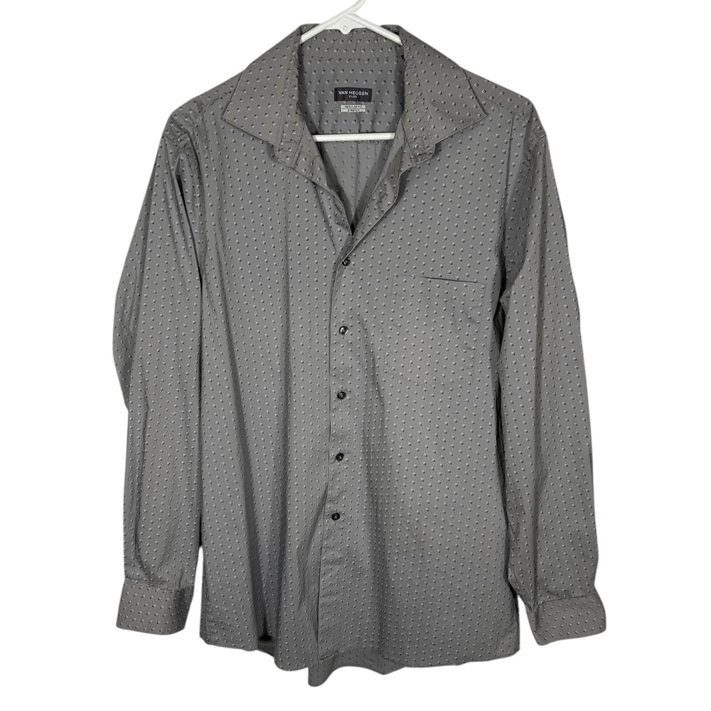 Van Heusen Flex Mens Gray Geometric Regular Fit Stretch Dress Shirt 16 34/35